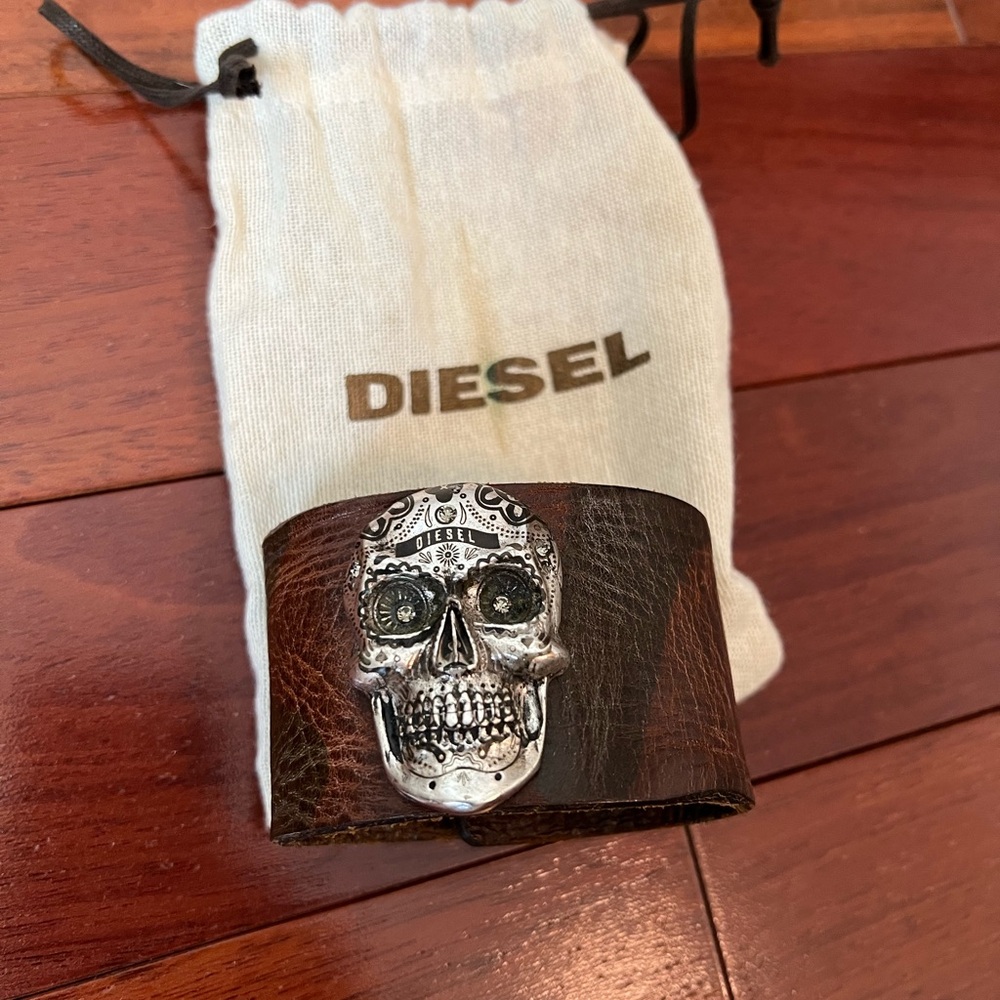 Diesel Brown Leather Bracelet with Silver Skull